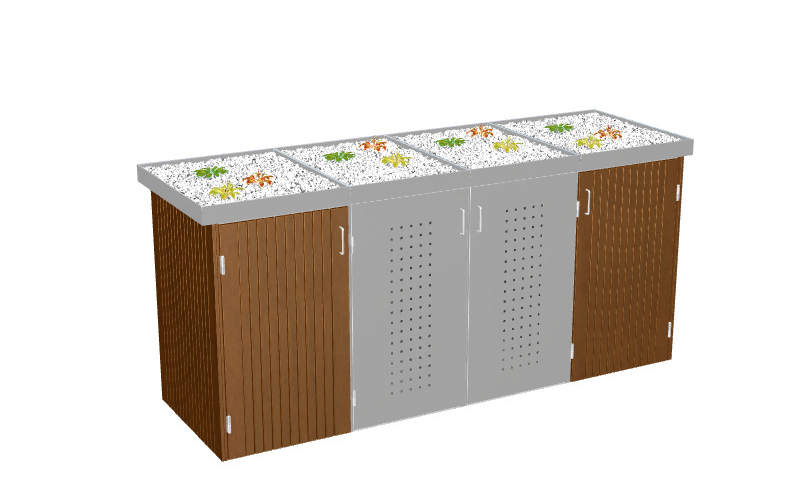 Binto Mülltonnenbox mit Hartholz-/Edelstahlverkleidung und Edelstahl Pflanzschalen