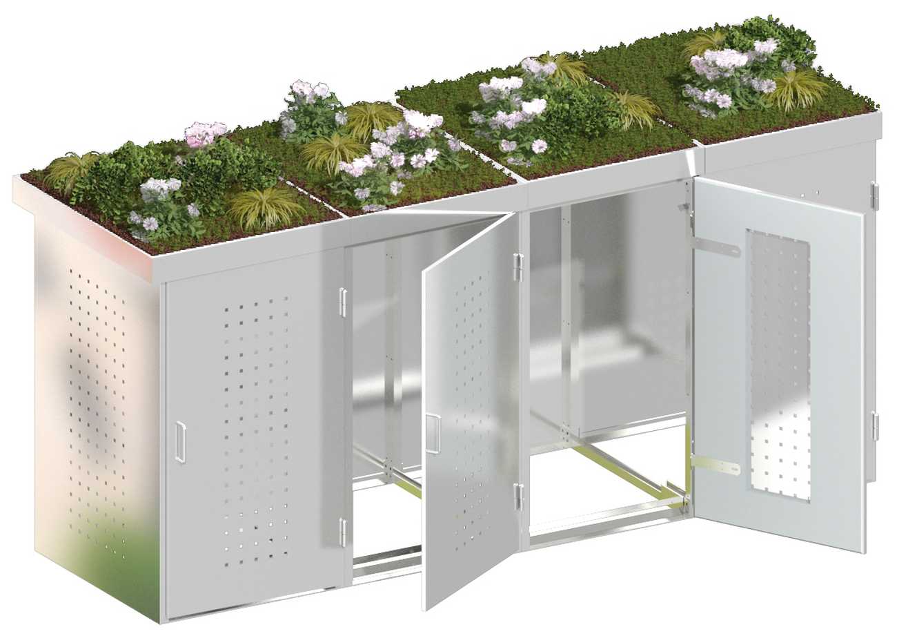 Mülltonnenbox Edelstahl mit Edelstahl-Pflanzschalen