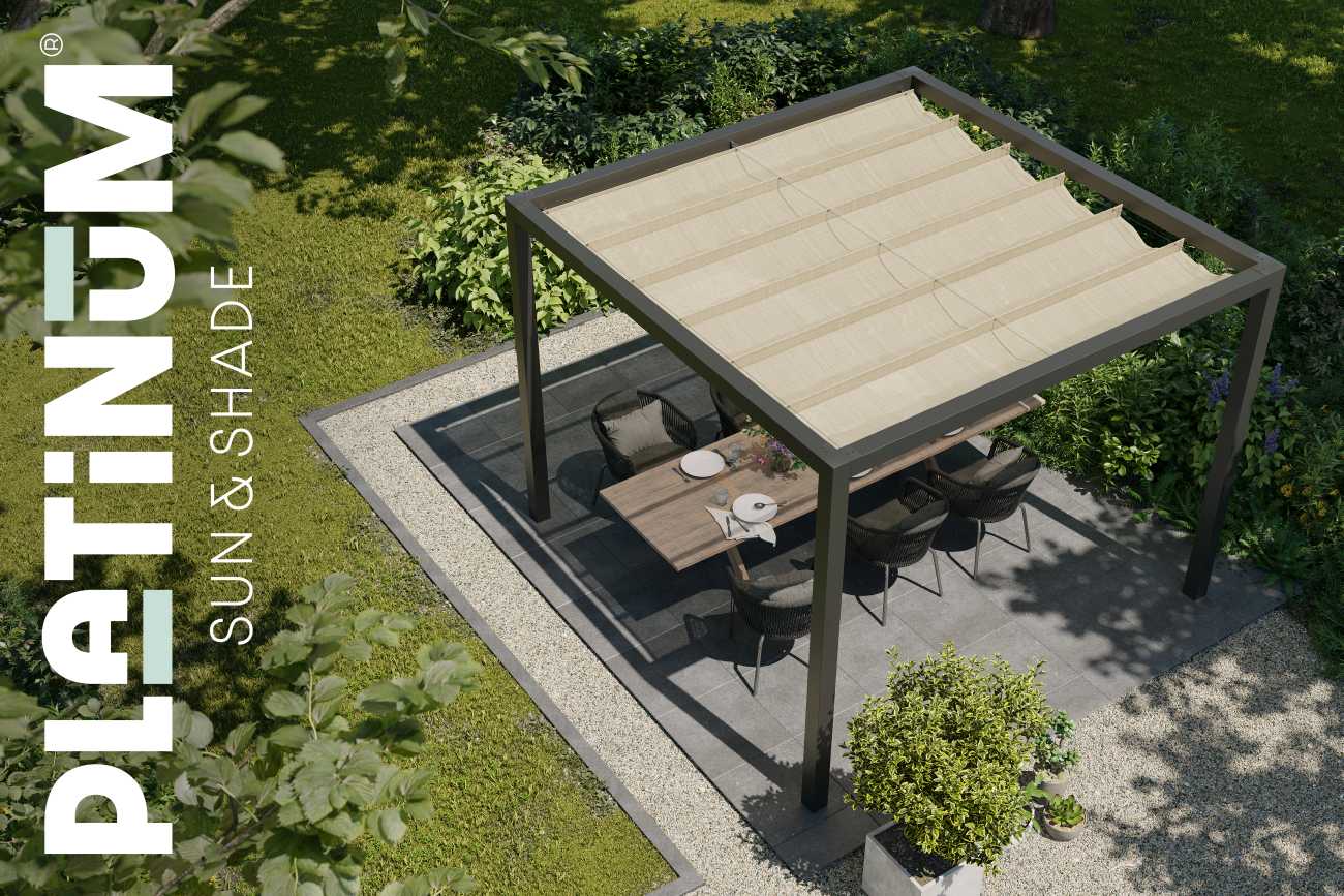 Aluminium Pergola Optiva 319x319 mit Coolfit Faltsonnensegel Off-White