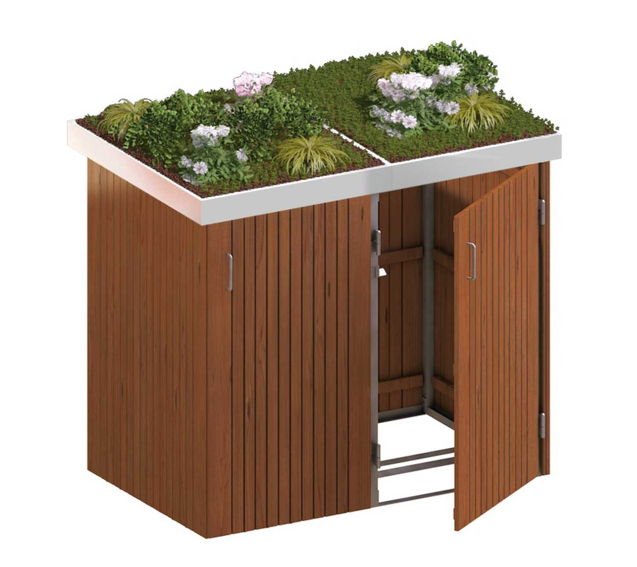 Binto Mülltonnenbox mit Hartholz-Verkleidung und Edelstahl-Pflanzschalen