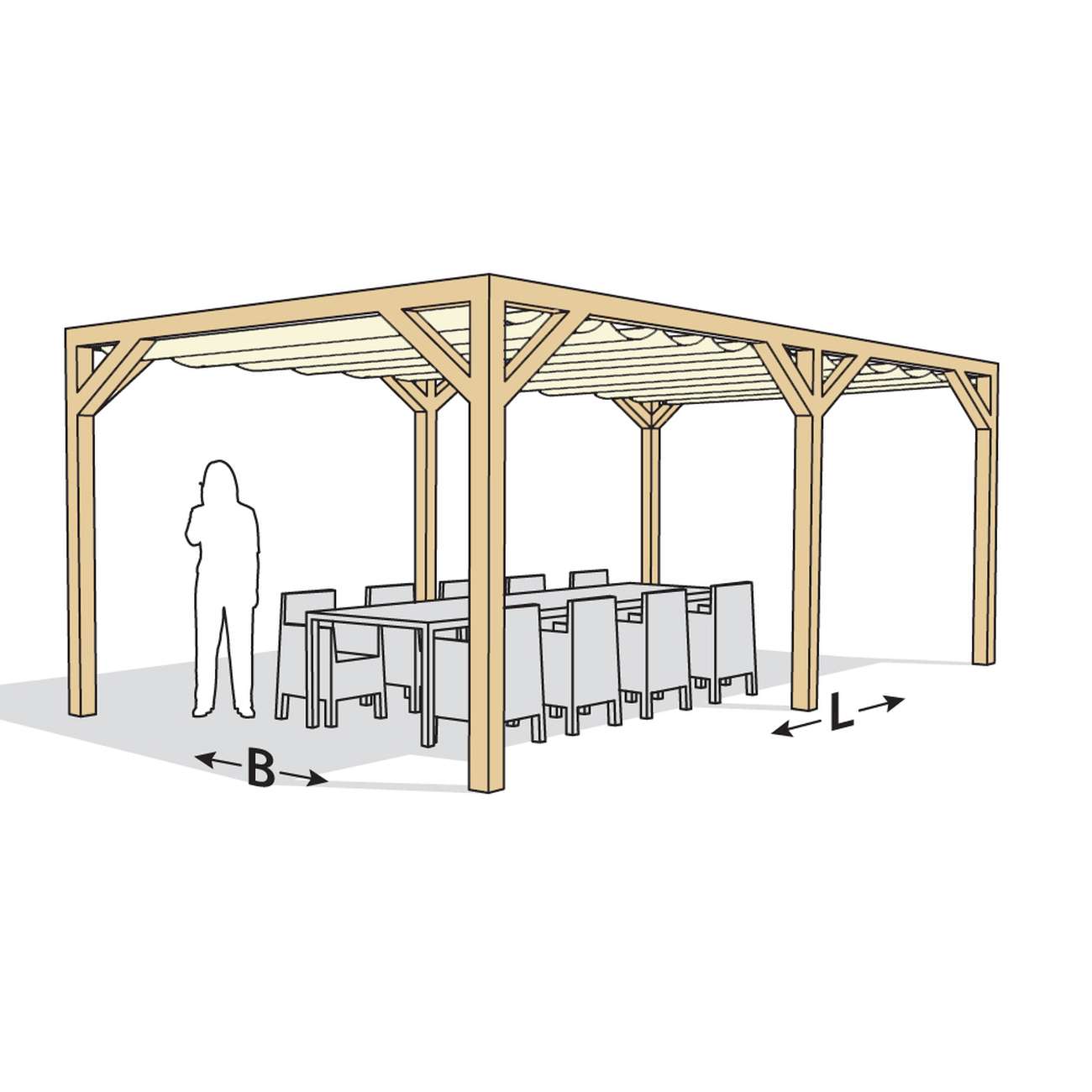 Pergola Douglasie 380x500 cm mit Nesling Faltsonnensegel