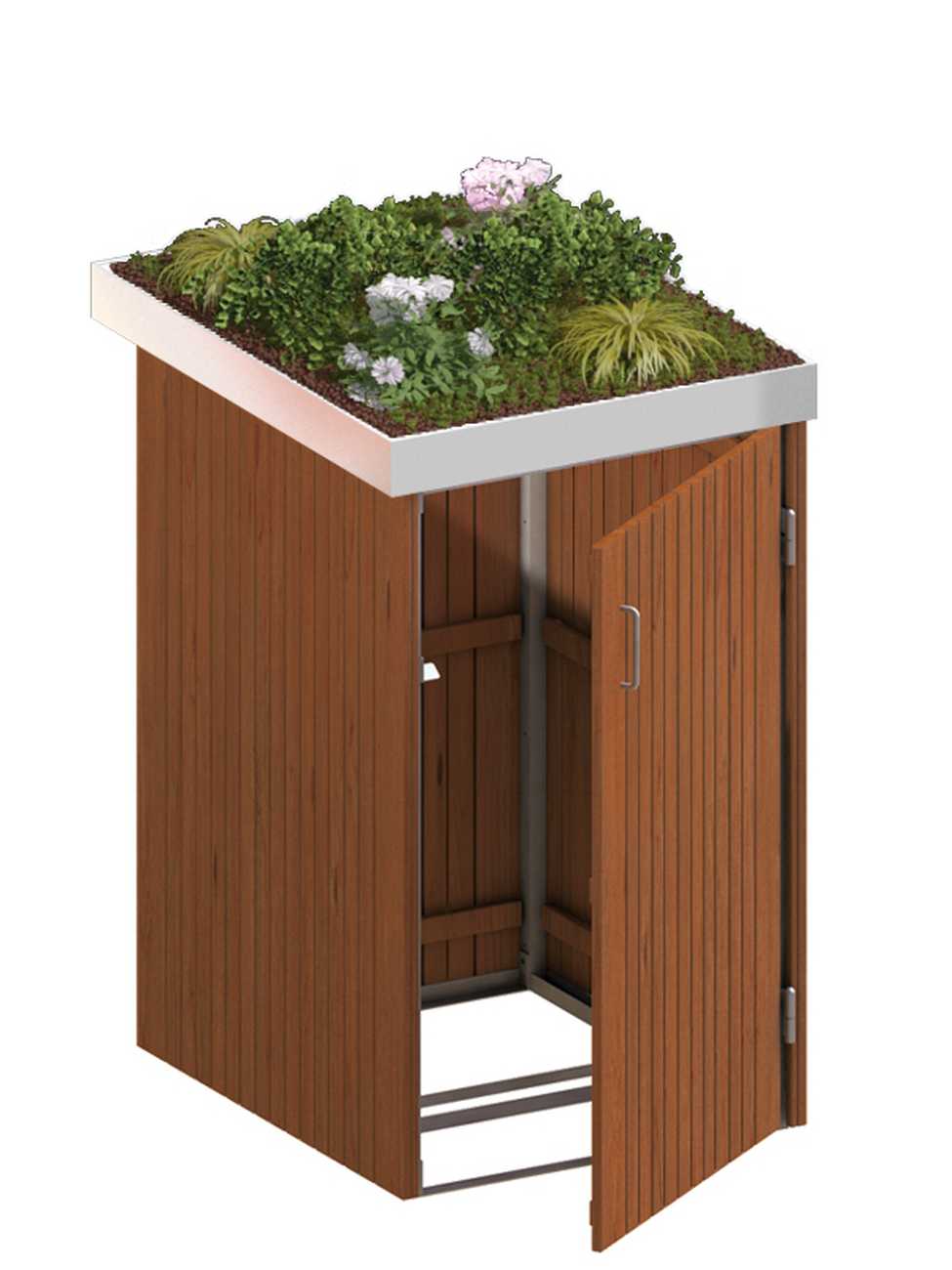 Binto Mülltonnenbox mit Hartholz-Verkleidung und Edelstahl-Pflanzschale